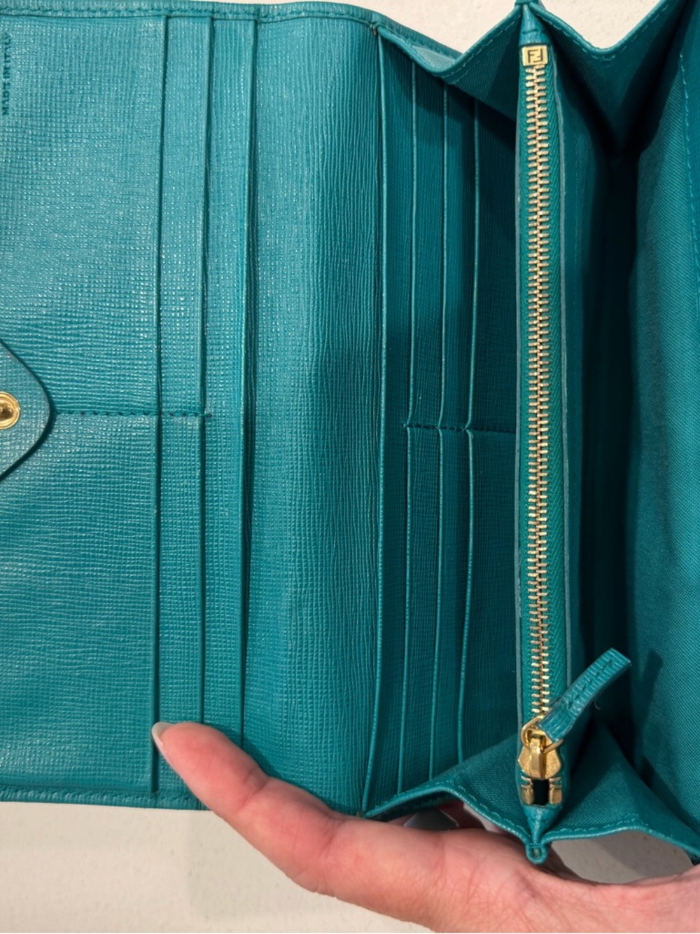 Fendi Teal Leather Continental Wallet with Yellow Fendi Box, Bag, and Dustbag - Picture 8 of 9